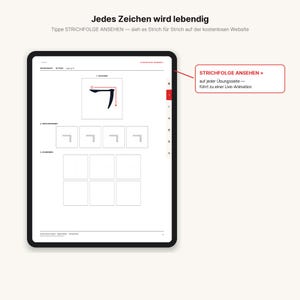 May include: A digital tablet screen displaying a Korean language learning worksheet titled Jedes Zeichen wird lebendig. The page features a stroke order guide for a character, tracing boxes, and empty practice squares with a red callout box.