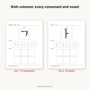 Puede incluir: Dos p&aacute;ginas blancas de un cuaderno de pr&aacute;ctica de escritura coreana tituladas Both volumes: every consonant and vowel. La p&aacute;gina izquierda muestra la consonante Giyok con casillas para trazar. La derecha muestra la vocal A. Texto: Vol. 1, Vol. 2 y hangulworkbook.com.