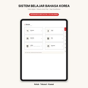 Op de afbeelding: Een digitaal Koreaans taalleersysteem voor iPad weergegeven op een tabletscherm. De interface bevat een hoofdmenu met secties voor medeklinkers, klinkers, lettergrepen, woorden, oefeningen en planners, met in totaal 513 gelinkte pagina's.