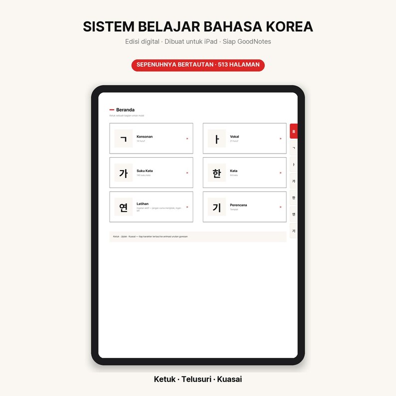 Op de afbeelding: Een digitaal Koreaans taalleersysteem voor iPad weergegeven op een tabletscherm. De interface bevat een hoofdmenu met secties voor medeklinkers, klinkers, lettergrepen, woorden, oefeningen en planners, met in totaal 513 gelinkte pagina's.