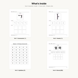 K&ouml;nnte beinhalten: Ein vierteiliges p&auml;dagogisches Arbeitsheft zum Erlernen der koreanischen Schrift. Jede Seite zeigt schwarzen Text auf wei&szlig;em Papier, einschlie&szlig;lich Zeichenvorlagen, Nachspurzellen und leeren &Uuml;bungsrastern. Die Seiten sind als Vol 1 bis Vol 4 beschriftet.