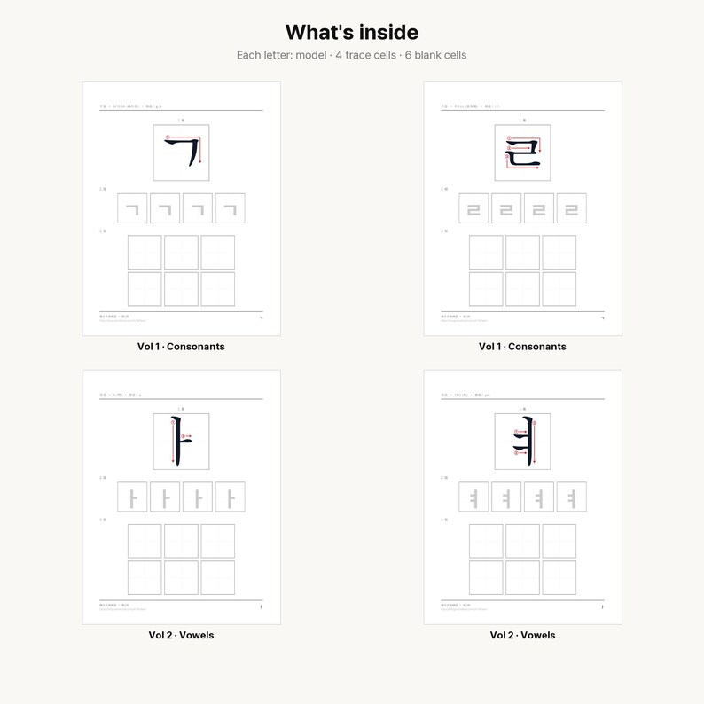 Puede incluir: Un dise&ntilde;o de cuaderno educativo de cuatro p&aacute;ginas para aprender caracteres coreanos. Cada p&aacute;gina presenta un car&aacute;cter modelo grande, cuatro celdas de calco gris claro y seis cuadrados en blanco. El texto incluye 'What's inside', 'Vol 1 - Consonants' y 'Vol 2 - Vowels'.
