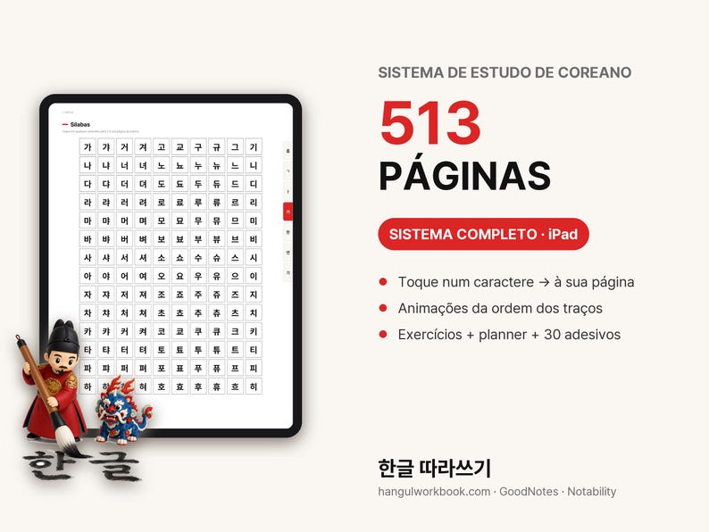 May include: A digital tablet displaying a Korean syllable chart, accompanied by a small figurine of a person in traditional attire holding a brush and a mythical creature. Text includes '513 P&Aacute;GINAS', 'SISTEMA COMPLETO', and '한글 따라쓰기'.