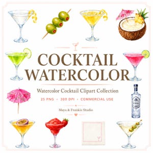 May include: A collection of watercolour cocktail illustrations featuring various drinks in martini glasses, a coconut shell, a vodka bottle, a pink cocktail umbrella, and a square napkin. The text reads COCKTAIL WATERCOLOR, Watercolor Cocktail Clipart Collection.