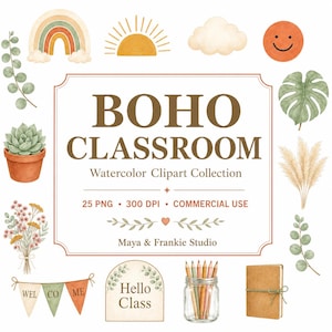 Boho Classroom Clipart, Neutral Macrame Rainbow PNG Bundle, Modern Boho Teacher Decor, Plants Sage Terracotta Commercial Use