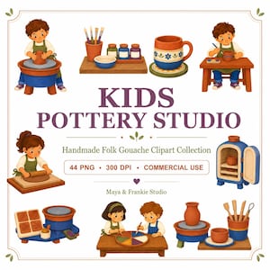 Może przedstawiać: Cyfrowa kolekcja ilustracji zatytułowana KIDS POTTERY STUDIO przedstawiająca dzieci pracujące z gliną, kołami garncarskimi, piecami i narzędziami malarskimi. Zestaw zawiera 44 pliki PNG w rozdzielczości 300 DPI do użytku komercyjnego.