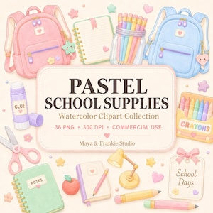Può includere: Una collezione di illustrazioni ad acquerello con articoli scolastici color pastello, tra cui zaini rosa e blu, un quaderno, un barattolo di matite, colla, forbici, pastelli a cera, una lampada, una mela e un'etichetta con il testo Pastel School Supplies.