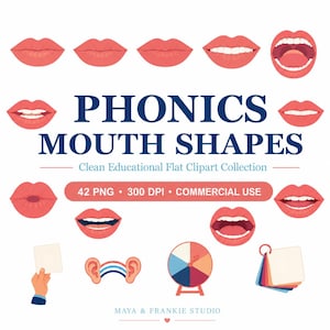 Puede incluir: Una colección digital de formas de boca para fonética con varias posiciones de labios, una mano sosteniendo una tarjeta, orejas con un arcoíris, una rueda de color y un muestrario. El texto dice PHONICS MOUTH SHAPES, Clean Educational Flat Clipart Collection, 42 PNG, 300 DPI, COMMERCIAL USE y MAYA & FRANKIE STUDIO.