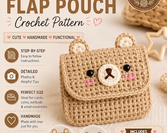 Mini Bear Flap Pouch Crochet Pattern, Kawaii Zipper Bag Charm (PDF Download)