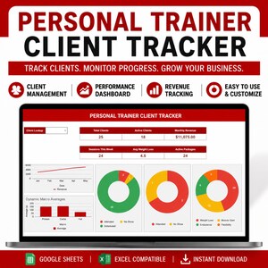 Personal Trainer Client Tracker Google Sheets Template, Fitness Coach Management Spreadsheet, Workout Nutrition Planner, Gym Business CRM