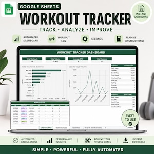 May include: A digital Google Sheets workout tracker displayed on a laptop screen, featuring an automated dashboard with bar charts, line graphs, and exercise logs. The interface includes sections for total volume, average RPE, and distance metrics.