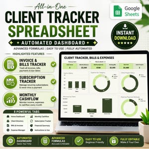 Puede incluir: Un portátil muestra una hoja de cálculo de seguimiento de clientes en Google Sheets con panel automatizado. La pantalla incluye gráficos de facturas, gastos e ingresos. Texto: All-in-One Client Tracker Spreadsheet e Instant Download.