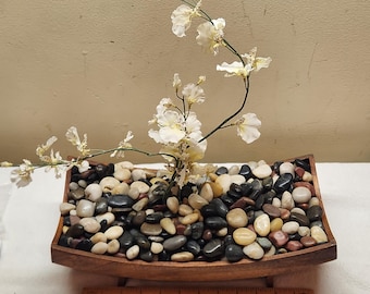 Japanischer Zen Rock Garten Künstlicher Kirschblütenbaum Holztablett Fluss Stein Dekor