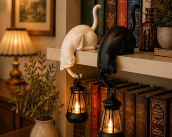 Cat Hook With Vintage Lantern, Cat Lover Gift,Cute Cat Bookshelf Decor, Cozy Shelf Lamp, Bookcase Decoration,  Reading Nook Decor