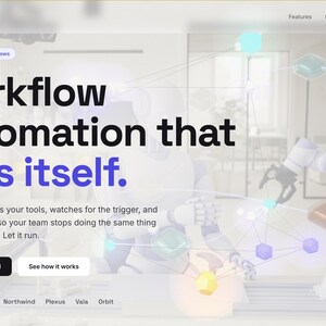 Könnte beinhalten: Eine Website-Landingpage für Cadence mit dem Text Workflow automation that runs itself. Das Design enthält eine Grafik eines Roboterarms mit verbundenen Knoten sowie Schaltflächen mit der Aufschrift Start free—no card und See how it works.