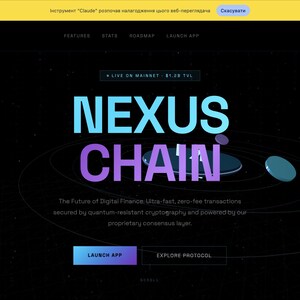 May include: A website interface for Nexus Chain featuring a black background with a space-like aesthetic. The text reads Nexus Chain, The Future of Digital Finance, and includes buttons labeled Connect Wallet, Launch App, and Explore Protocol.