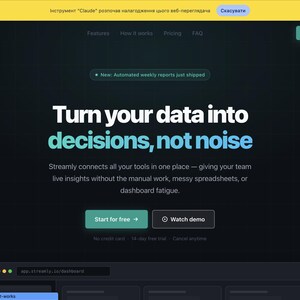 May include: A dark-themed SaaS landing page featuring the headline Turn your data into decisions, not noise. The page includes a navigation bar, a Get started free button, a sub-headline, and two primary call-to-action buttons for starting for free or watching a demo.