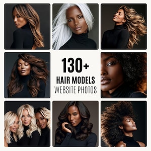 May include: A collection of portraits featuring diverse individuals with various hair textures and colors, including blonde, brunette, and white styles, all wearing black turtlenecks. The central text reads 130+ HAIR MODELS WEBSITE PHOTOS.