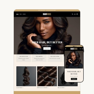 May include: A website interface for Hairhouse displayed on a desktop and mobile screen. The layout features a dark header, a large image of a person with wavy dark hair, and the text Your Hair, But Better. Sections include product categories.
