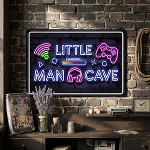Little Man Cave Loading Vintage Tin Sign, Funny Neon Gamer Wall Decor for Kids