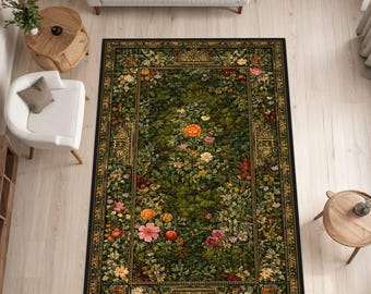 Vintage botanisk blommig matta mörkgrön trädgårdsinspirerad klassisk dekorativ golvdesign