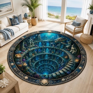 Könnte beinhalten: Ein großer runder Teppich mit einer detaillierten 3D-Illustration einer versunkenen Unterwasserstadt mit spiralförmigen Steintreppen, Wasserstatuen, Korallenriffen und Meerestieren, einschließlich einer Meeresschildkröte, eingefasst von einem dekorativen Rand.