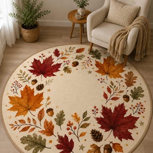 May include: A round area rug with a cream-coloured background featuring a circular border pattern of autumn leaves in shades of red, orange, yellow, and green, interspersed with brown acorns, pinecones, small red berries, and tiny gold stars.