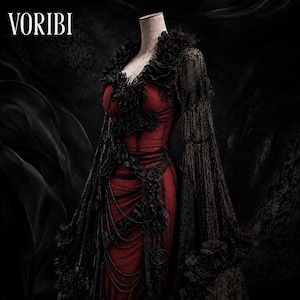 women's dark red and black off the shoulder dress vampire Vintage Vampire prom with Lace Appliques and Off-Shoulder Long Sleeves Includes a Victorian brooch with a rose (if you choose other colors for the gown Gothic Black and Red Vampire