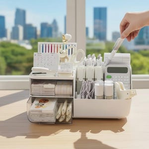 以下が含まれることがあります： 複数のコンパートメントを備えた白いデスクオーガナイザー。文房具が入った2つの透明な引き出し、電卓、さまざまなペン、マーカー、小さなクマの装飾フィギュアが収納されており、事務用品を整理するために設計されています。