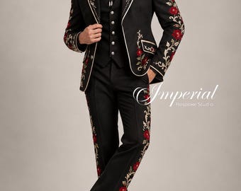 Black Red Rose Embroidered Men’s Western Suit, Floral Cowboy Groom Suit, Luxury Rockabilly Wedding Tuxedo, Custom Country Stage Suit