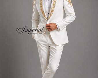 Luxury White Wedding Tuxedo for Men, Gold Embroidered Groom Suit, Bespoke White Formal Suit, Custom Bridal Tuxedo