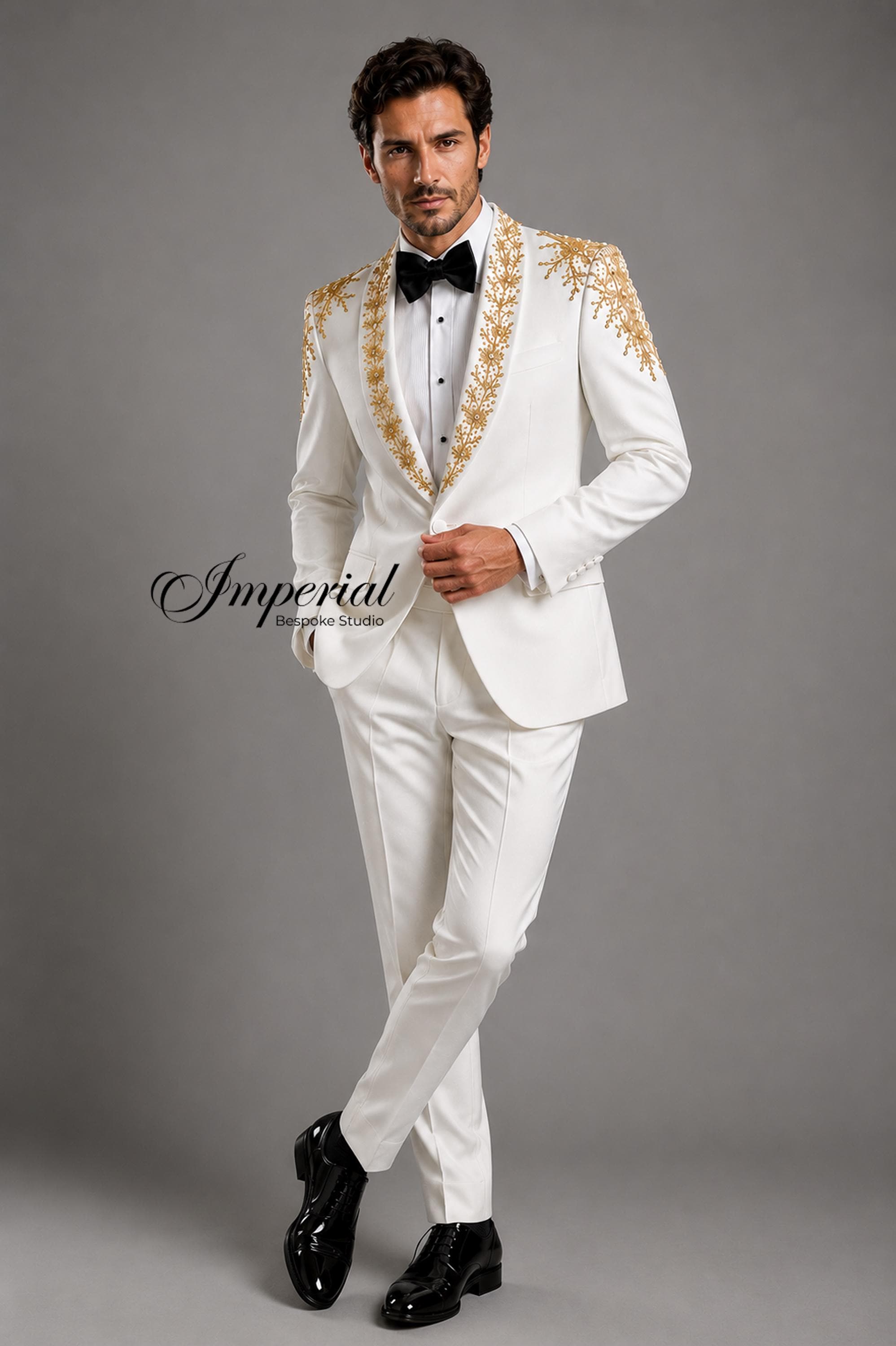 White Wedding Tuxedo, Gold Embroidered Groom Suit, Bespoke Formal Shawl Lapel
