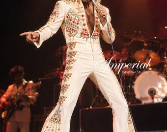 Men's White Elvis Jumpsuit, Rhinestone Stage Costume, 70s Rock Concert Outfit (Custom Made)