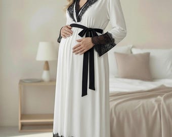 Umstandsnachthemd & Stillkleid mit Spitze bestickt Ecru - 2018