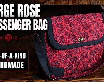 Handmade Rose Messenger Bag, Large Crossbody Purse, Red Floral Shoulder Bag, One of a Kind Handmade Gift