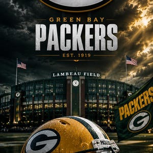 Puede incluir: Un casco de fútbol americano amarillo y verde con una máscara negra se encuentra en primer plano. Al fondo, el estadio Lambeau Field aparece bajo un cielo dramático. El texto dice Green Bay Packers, Est. 1919 y Lambeau Field con un gran logo G.