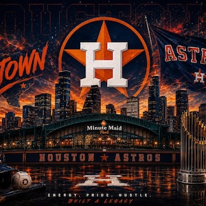 May include: A digital graphic featuring the Houston Astros logo, Minute Maid Park, and the city skyline at sunset. Includes a baseball helmet, a baseball, a championship trophy, and a cap with text reading World Series Champions 2017, H-Town, and Astros.