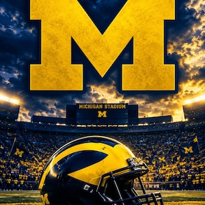 May include: A yellow and blue football helmet sits on a grass field in front of a stadium. Above, a large yellow block letter M is displayed against a cloudy sky with the text MICHIGAN FOOTBALL and a yellow Jumpman logo centered above it.