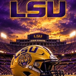 May include: A yellow football helmet with a purple face mask and a tiger logo on the side, featuring the text LSU. The helmet sits on a field in front of a stadium with the text LSU Tiger Stadium, under a sky with a large tiger face graphic.
