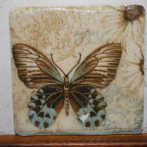 May include: A decorative tile with a brown and blue butterfly design on a cream background. The butterfly has blue accents on its wings and is centered on the tile.