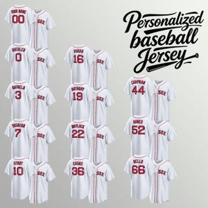 May include: A collection of white baseball jerseys featuring red lettering and numbering on the back, with the text 'Personalized baseball Jersey' displayed in black script. Each jersey shows a different name and number, including Sox branding.