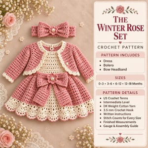 Pode incluir: Um conjunto de padrões de crochê intitulado The Winter Rose Set, incluindo vestido, bolero e faixa com laço. O conjunto é rosa e creme com detalhes em pérolas. O texto inclui detalhes, tamanhos de 0-18 meses e uma agulha de 3,5 mm.