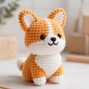 May include: A small, handcrafted crochet amigurumi dog featuring a Corgi-inspired design. The figure is made with orange and white yarn, showcasing pointed ears, a white chest patch, black bead eyes, and a stitched black nose and mouth.