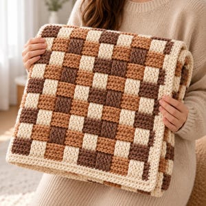 May include: A rectangular crochet blanket featuring a repeating checkerboard pattern in alternating squares of cream, light brown, and dark brown yarn. The textile has a thick, textured weave with a solid cream-colored border framing the edges.