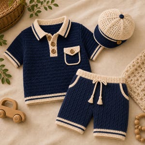 May include: A navy blue and cream crochet polo shirt, matching shorts with a drawstring waist, and a coordinating newsboy cap. The polo features a collar, three buttons with anchor motifs, and a chest pocket. The shorts have a ribbed texture.