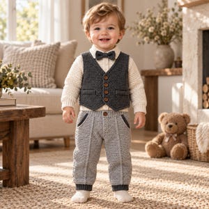 Può includere: Un completo all'uncinetto composto da una camicia a maniche lunghe color crema, un gilet grigio scuro con quattro bottoni marroni, un papillon grigio scuro abbinato e pantaloni grigio chiaro con tasche grigio scuro e un bottone marrone.