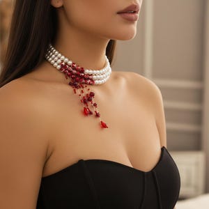 May include: A multi-strand choker necklace featuring white pearls and a side accent of red beads. The design includes a cascading section of thin, dangling strands adorned with small red beads and larger faceted red crystal drops.