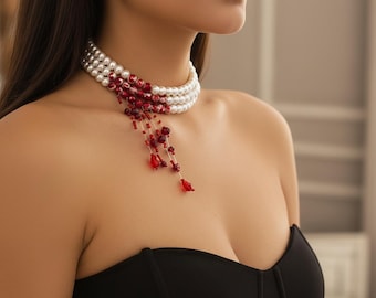 Gargantilla de perlas en capas, collar con colgante de cristal rojo, accesorio gótico de vampiro