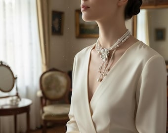 Ethereal Floral Pearl Tassel Necklace, Layered Choker, Bridal Statement Jewelry, Wedding Accessory