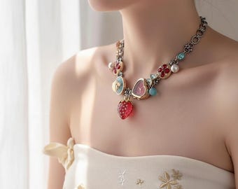 Halloween Strawberry Heart Chunky Charm Necklace, Retro Y2K Gothic Accessory